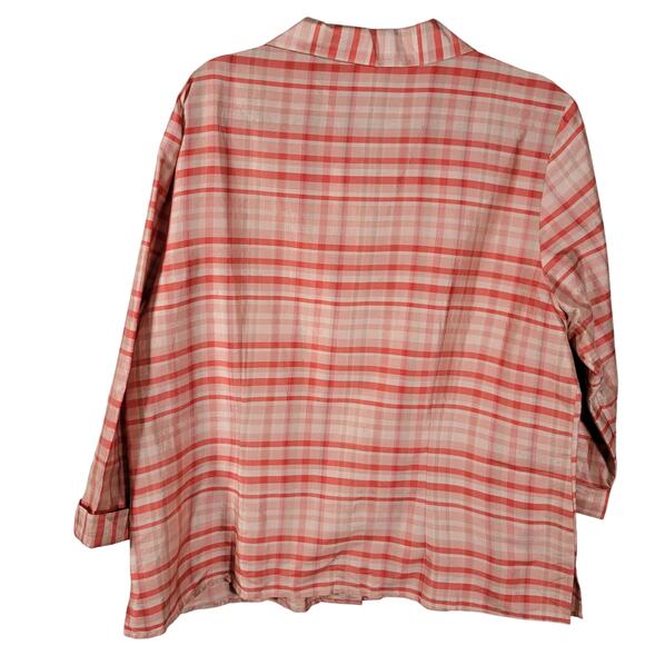 Vintage Tall Girl Silk Blouse 18 Red White Plaid Boxy Top 3/4 Sleeve - Picture 2 of 8